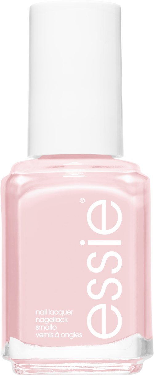 A small pink bottle of nail polish with a white cap and the word 'essie' written on it.
