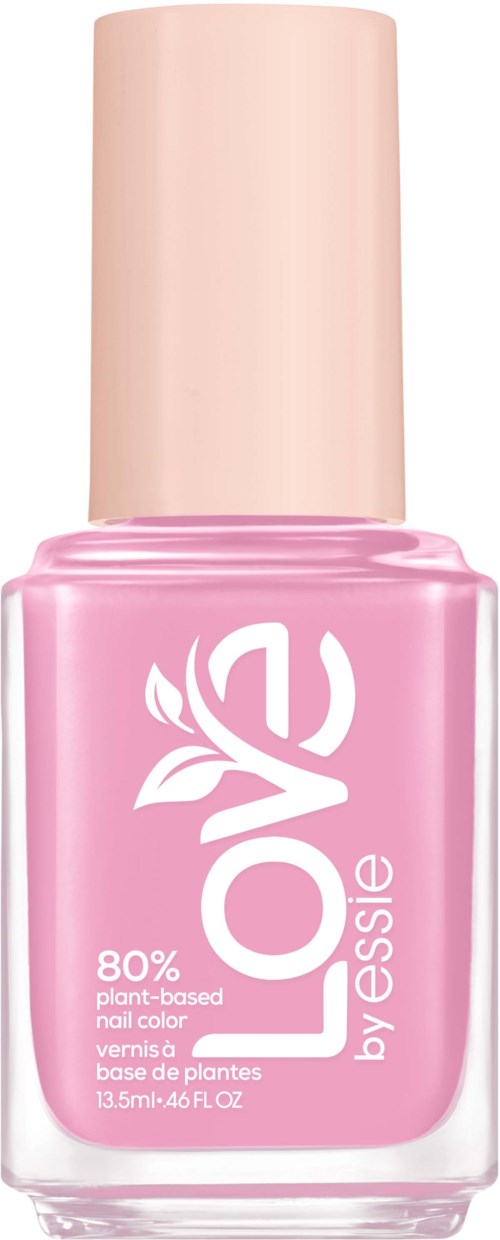 Rosa neglelakkflaske med hvit tekst og beige kapsel.