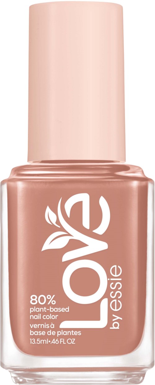 En neglelakkflaske med beige-rosa farge og hvit kork, merket 'by Essie' for plantebasert neglelakk.