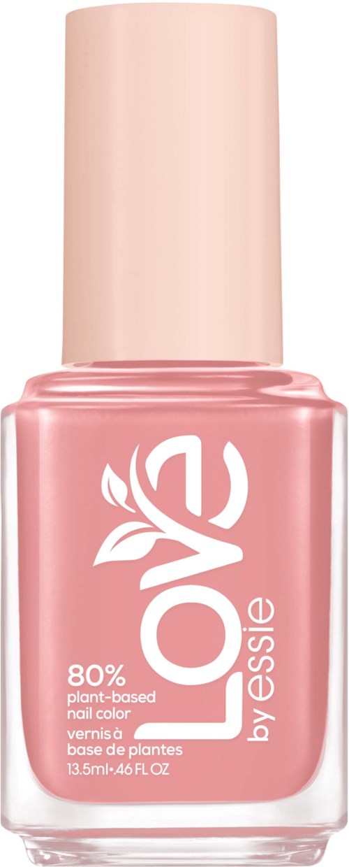 Lyse rosa neglelakkflaske med hvit logo og tekst, indikerer at den er plantebasert og fra Essie.
