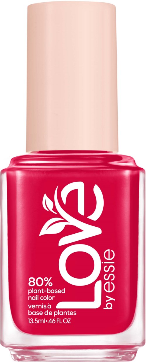Rosa neglelakkflaske med en hvit logo og rød etikett som sier 'Love by Essie' og '80% plant-based'.