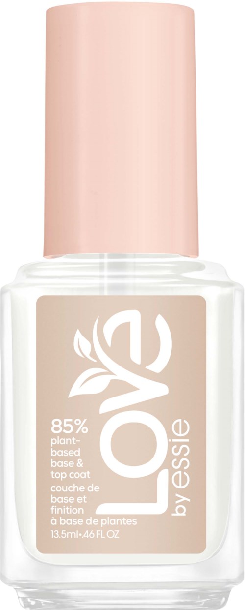 A nail polish bottle with a pink cap and beige label, showing it is plant-based and 85% organic.