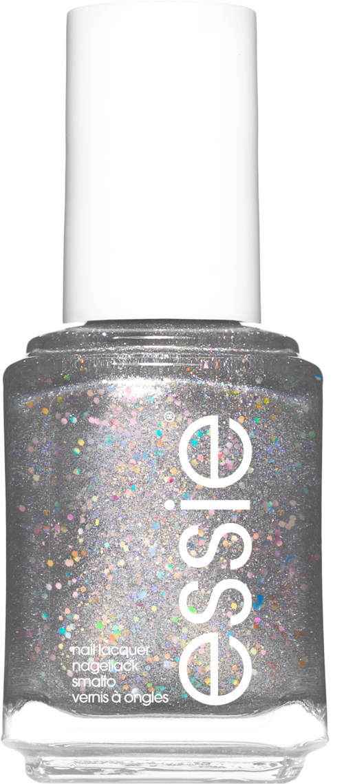 En sølv glitter neglelakflaske med hvid prop og mærkenavnet 'essie' skrevet i hvid.