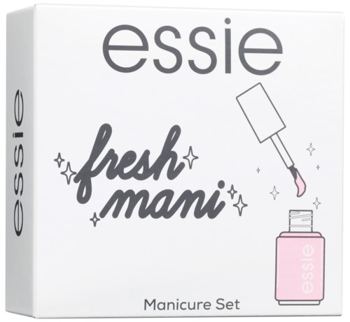 En vit förpackning för en manikyrset med rosa nagellack och lekfulla designinslag.
