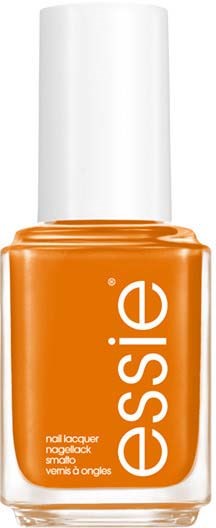Oransje neglelakkflaske med hvit lokk og stor hvit etikett med 'essence'.