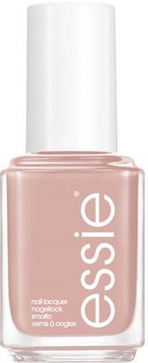 En flaske med beige neglelakk med hvit kapsel og teksten 'essence'.