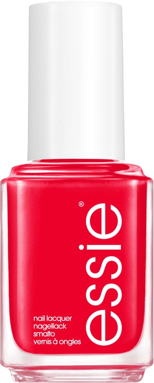 En röd nagellackflaska med vit kork, märkt "essie's".