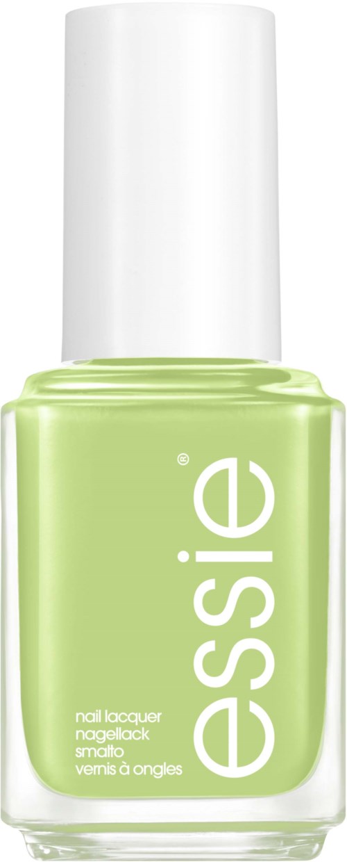 A green nail polish bottle with white cap and the word 'essence' written vertically on it.