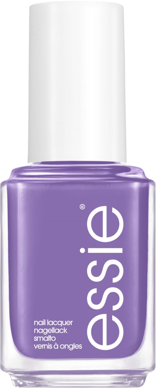 En lila nagellacksflaska med vit lock från märket Essie.