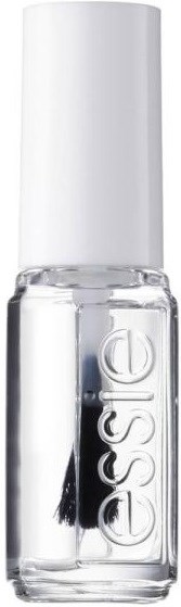 Clear nail polish bottle with a white cap and the logo "essie" on the side.