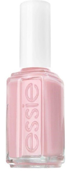 Rosafärgad nagellacksflaska med vit kork, märkt "essie."