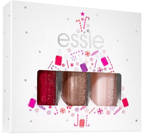 Essie nagellacksset med tre färger: röd, brun och rosa. Dekorativ förpackning med rosa och lila accenter.