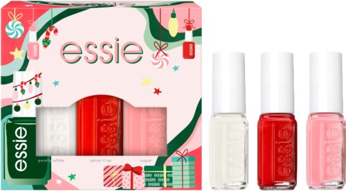 Förpackning med tre nagellack i vitt, rött och rosa. Jultema på förpackningen.