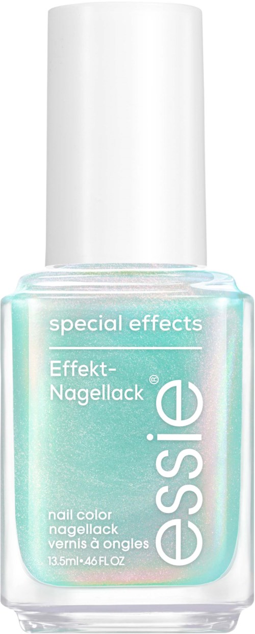 A bottle of Essie special effects effect nail polish in light blue color with white cap.