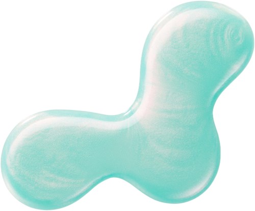 A light blue transparent gel capsule with a rounded shape, resembling an L or a bone. It looks smooth and soft.