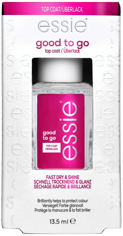 En nagelöverstrykning i förpackning med vita och rosa färger. Etiketten säger 'essence good to go' för snabb torkning och glans.