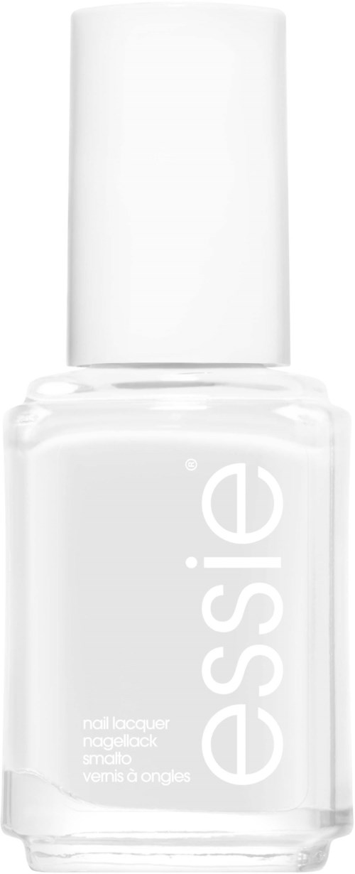 En vit nagellackflaska med märket 'essie' på och en vit topp.