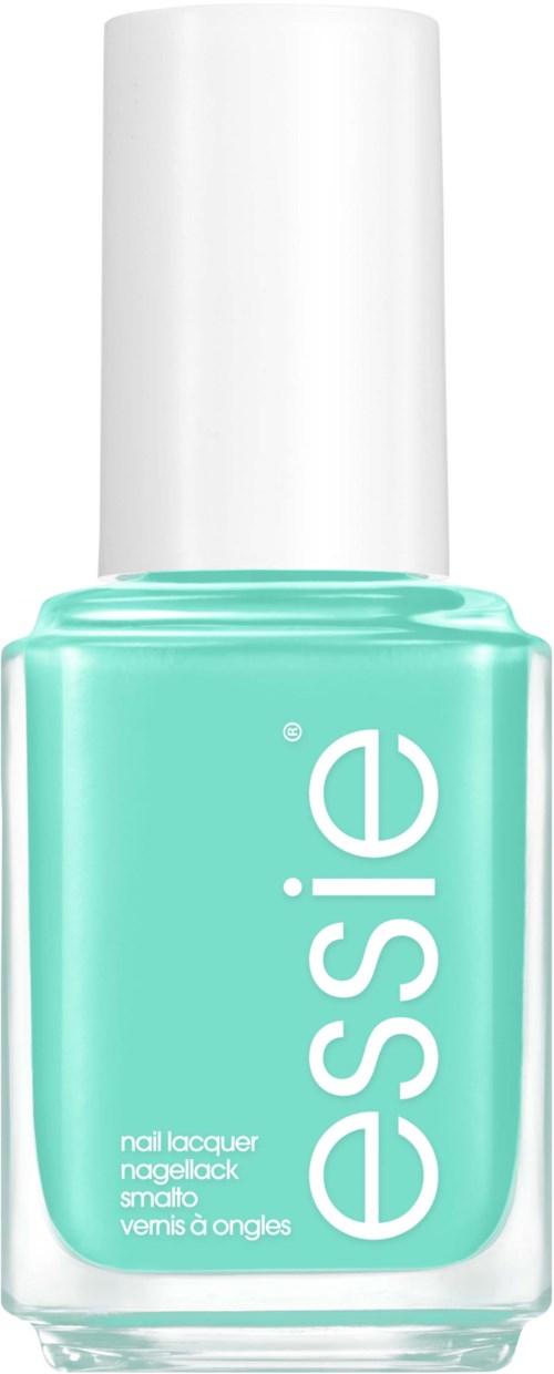 En flaska nagellack i turkosfärgad med vit lock och ordet 'essie' skrivet vertikalt.
