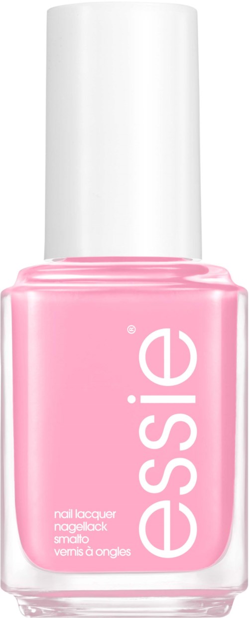 Rosa Nagellackflasche mit weißem Deckel und dem Wort 'essence' geschrieben vertikal.