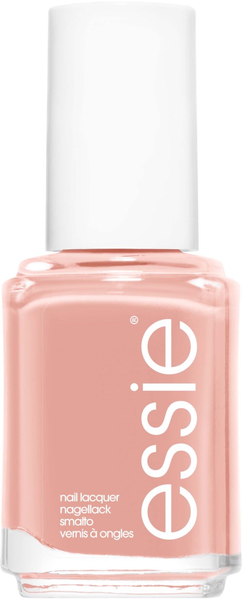 Eine hellrosa Nagellackflasche mit weißem Deckel und dem Wort "essie" geschrieben vertikal.