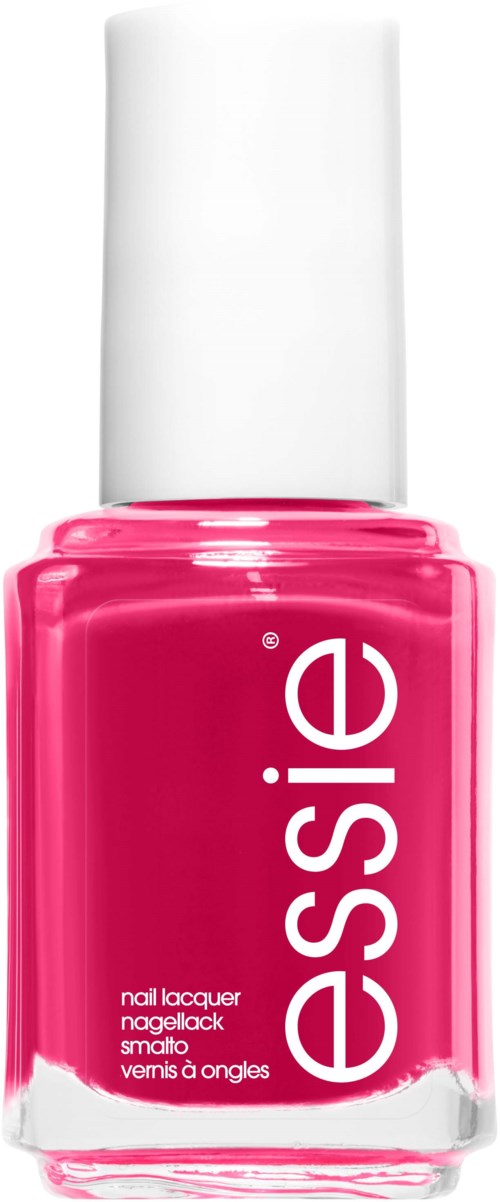Eine leuchtend pinke Nagellackflasche mit weißem Deckel und dem Namen 'essie' vertikal geschrieben.