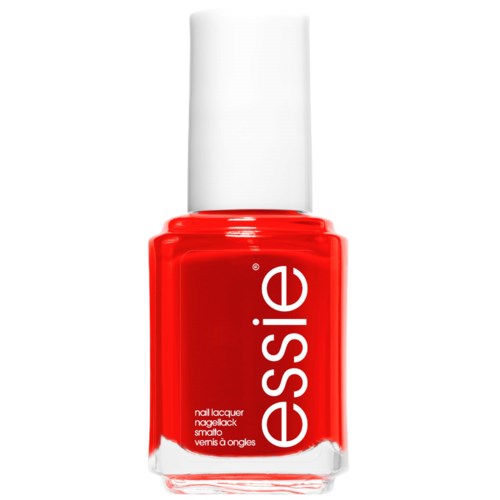 Eine rote Nagellackflasche mit weißem Deckel, beschriftet 'essence'.