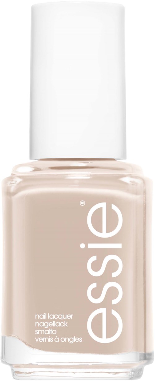 Eine beige Nagellackflasche mit weißem Deckel, beschriftet "essie."