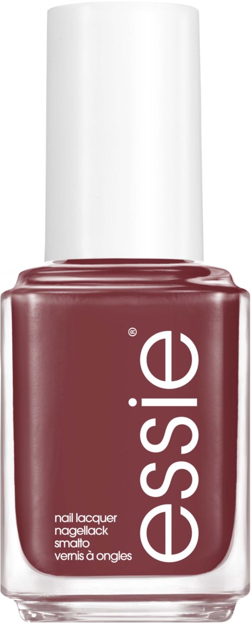 Essie-kynsilakkapullo vaaleanpunaisessa sävyssä, valkoinen korkki.