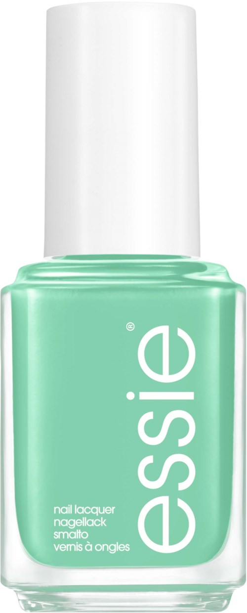A light green nail polish bottle with a white cap.