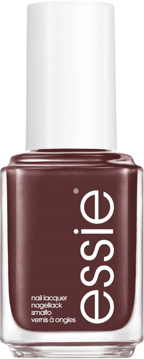 Eine braune Nagellackflasche mit weißem Deckel und 'essie' geschrieben vertikal.