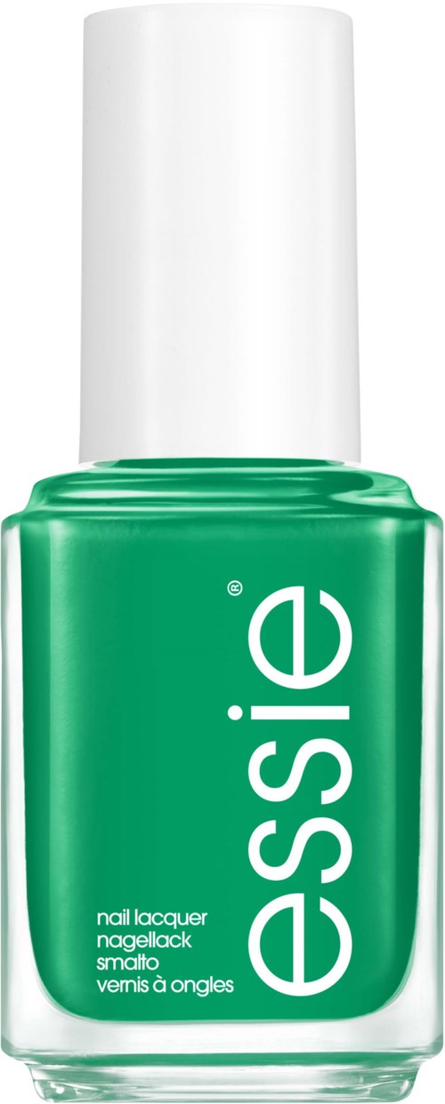 En grön nagellackflaska med vit kork och vit vertikal text som säger "essie".