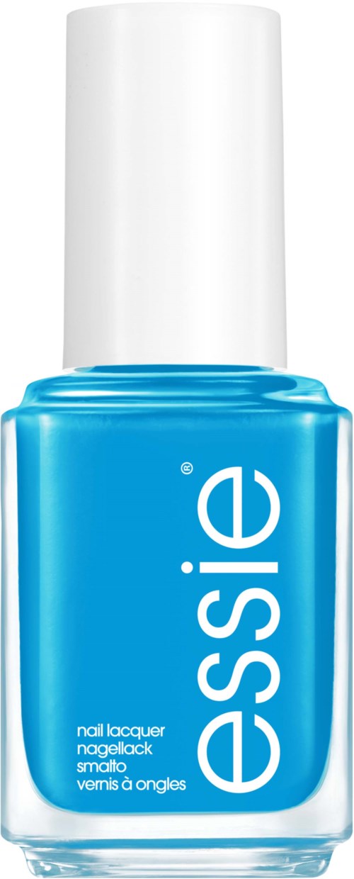 Blauer Nagellackflasche mit weißem Deckel, beschriftet 'Essie'.