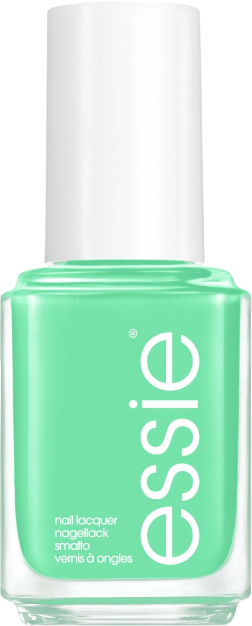 Eine hellgrüne Nagellackflasche mit weißem Deckel, beschriftet 'Essie' mit weiteren Produktdetails.
