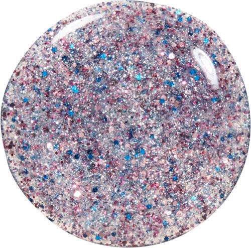 Colorful glitter with pink, blue, and silver particles in a round container.