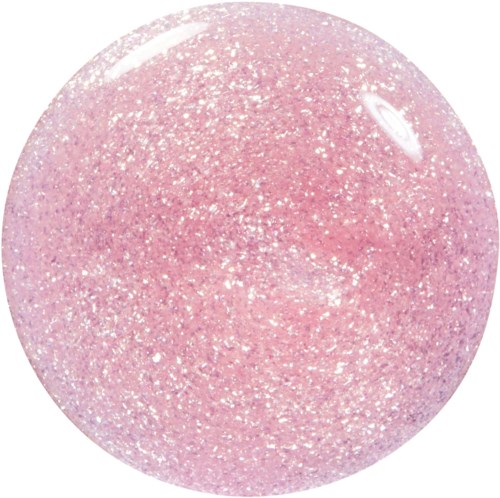 A pink glittery ball with shiny, sparkly surface, round and smooth.