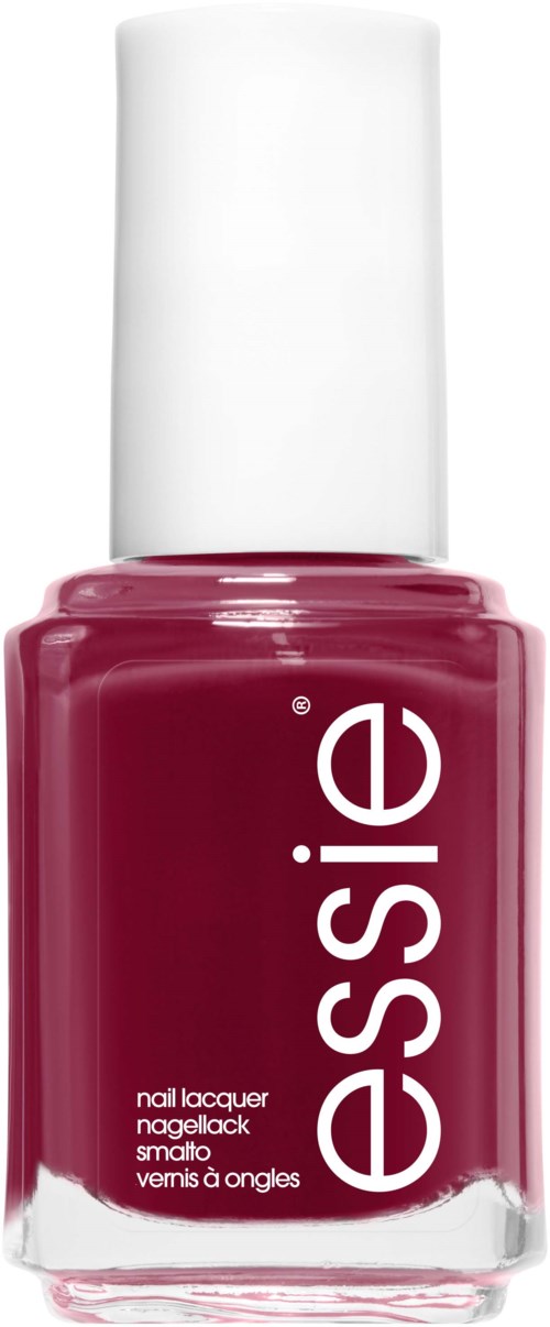 En flaska röd nagellack med vit kork, märkt "Essie" i vitt text.