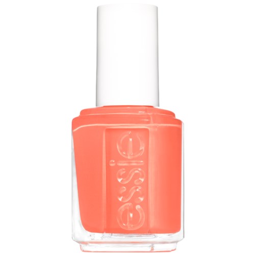 En korallrosa nagellackflaska med vit kork och varumärket "essence" på framsidan.