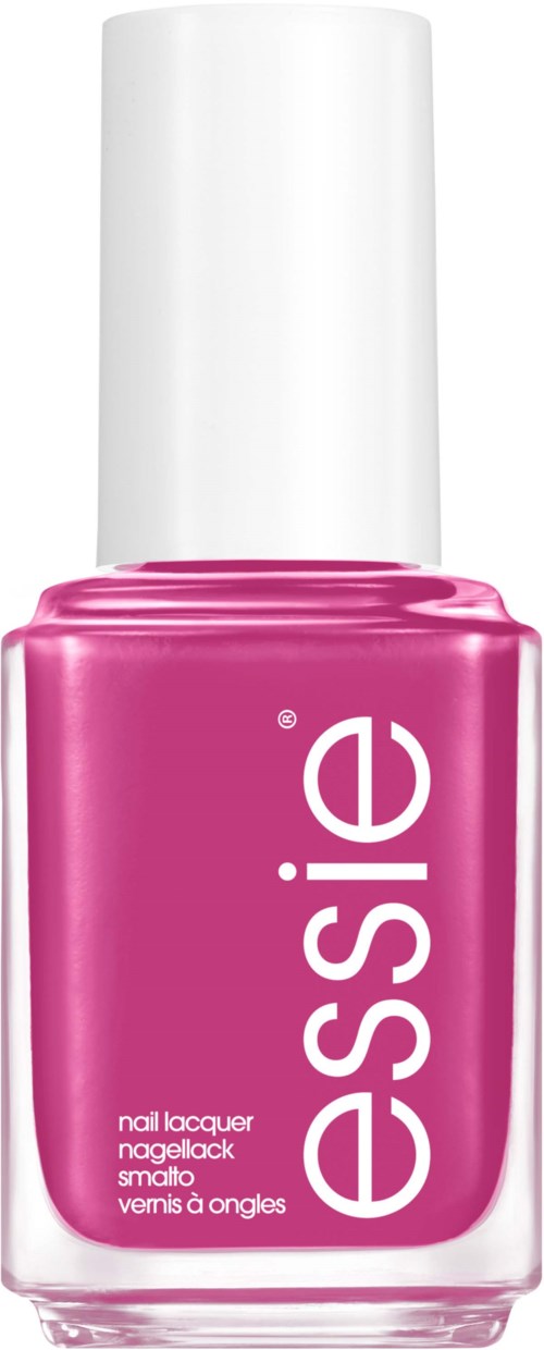 Pink neglelakkflaske med hvit kork og ordet "essie" skrevet vertikalt på forsiden.