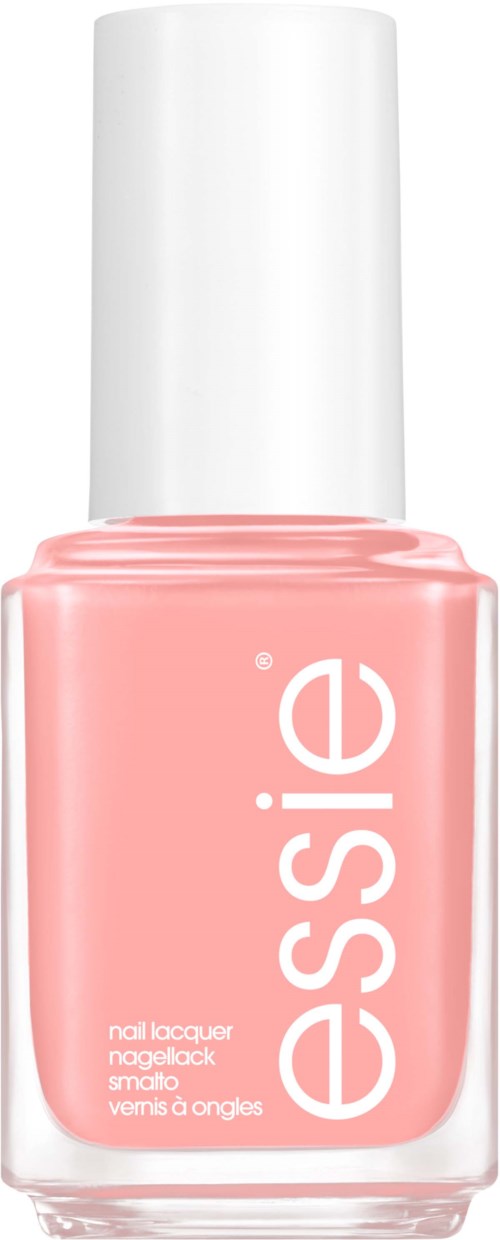 En rosa neglelakkflaske med hvit hette, merket 'Essie' og produktinformasjon.