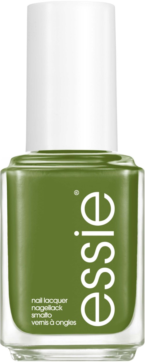 En grønn neglelakkflaske med hvit kork, merket 'essie' for negler.