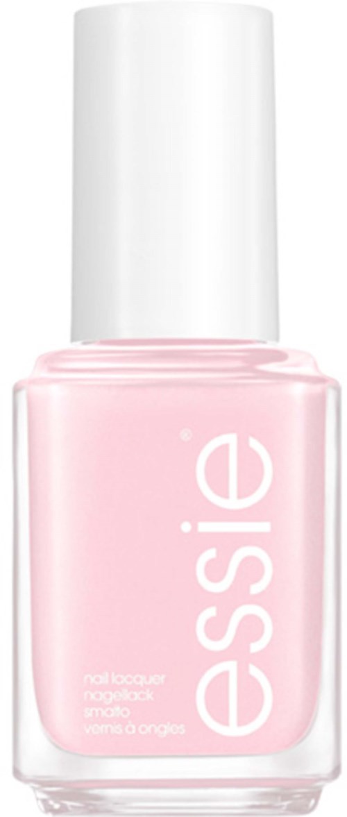 En rosa nagellackflaska med vit kork, märkt 'essence'.