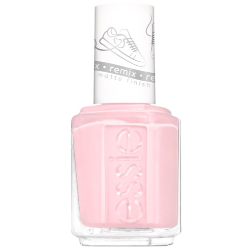 Ljus rosa nagellackflaska med vit kork och enkel logga, inga detaljerade design syns.