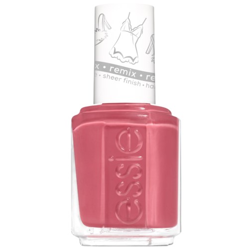 Pink nail polish bottle with a white cap and simple line drawings on it.