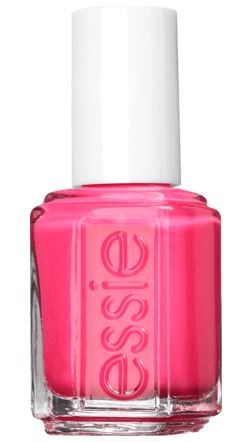 Valkoinen korkki ja vaaleanpunainen kynsilakkapullo, jossa on 'essie'-merkki edessä.