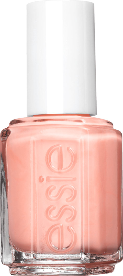 Essie-lakan pullo vaaleanpunaisessa sävyssä valkoisella kantapäällä.