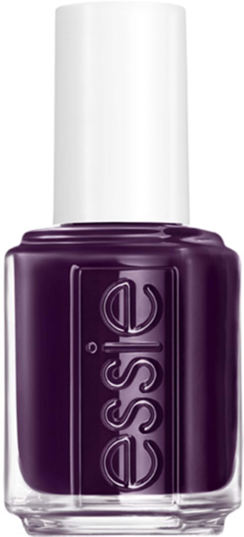 En mörklila nagellacksflaska med vit kork, och ordet 'essie' skrivet vertikalt på den.