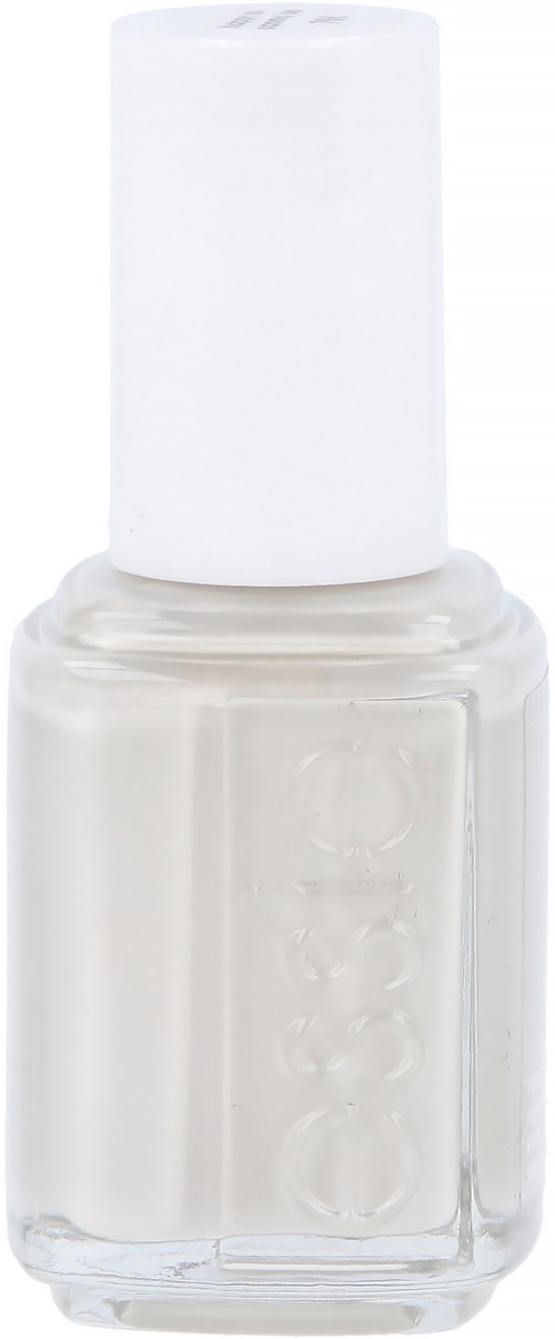 Klar nagellackflaska med vit lock, innehåller glänsande, genomskinlig nagellack.