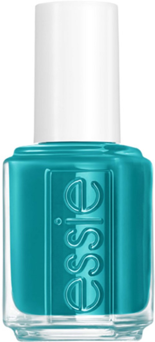En flaska ljusblå nagellack med vit lock och varumärket 'essie' präglat på.