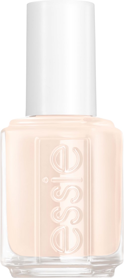 En beige nagellackflaska med vit kork, märkt 'essence', står upprätt.