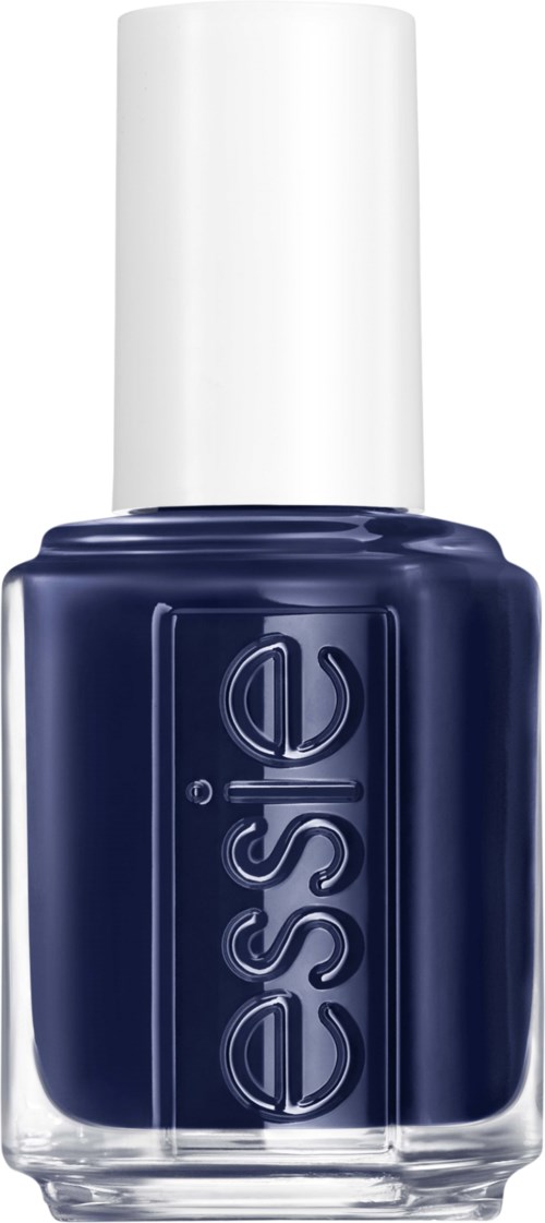 En marinblå nagellackflaska med vit kork, märkt med varumärket "essie" i förhöjda bokstäver.